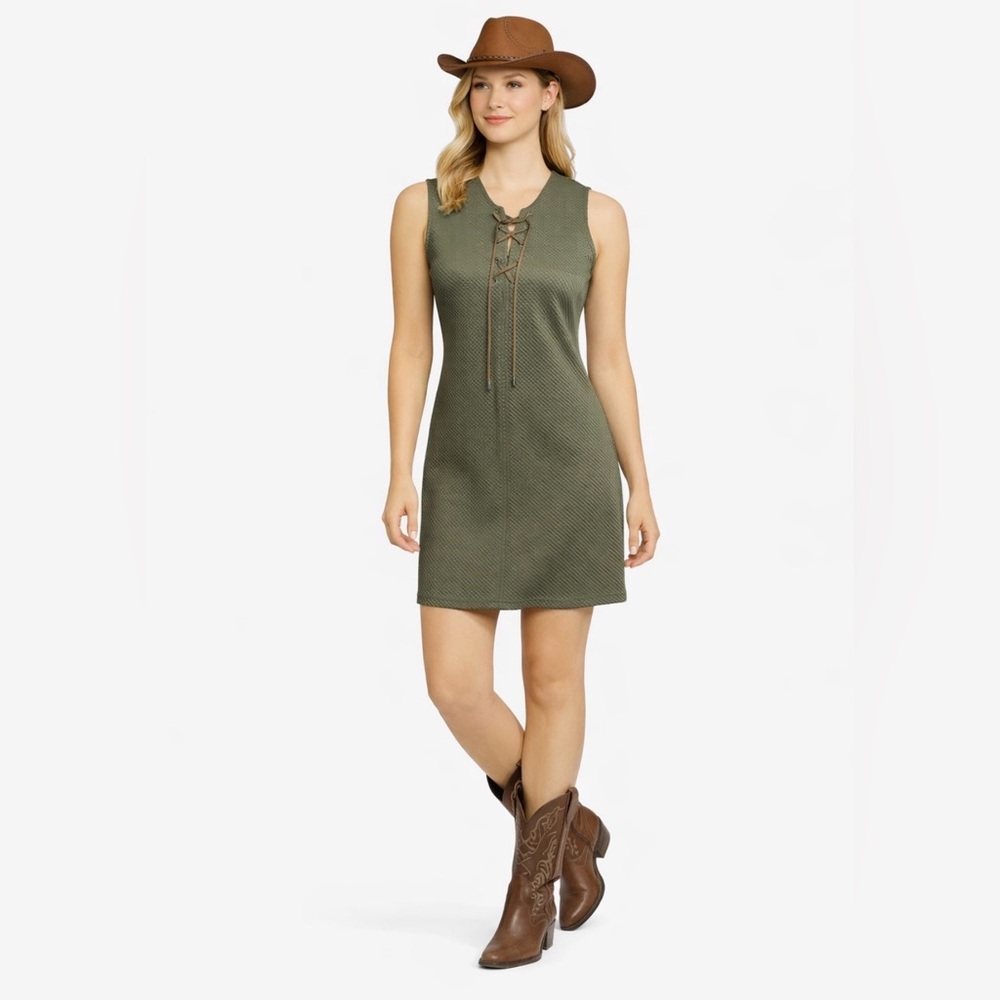 BLACK SWAN Dress Size M Green Leather Lace Up Peak A Boo Waffle Weave